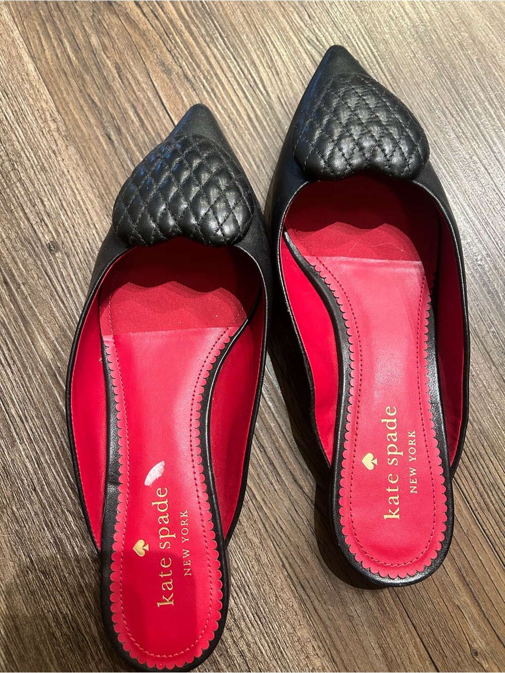 kate spade Black Quilted Pointed Toe Flats with Red Insole